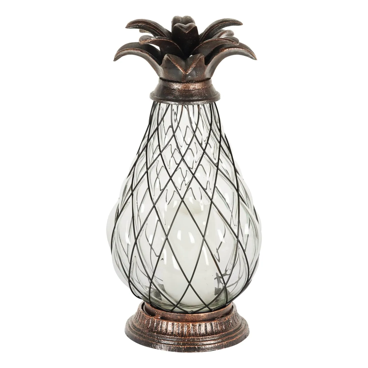 Bronze Pineapple Lantern with Battery Powered LED Candle on a Timer, 17 inch