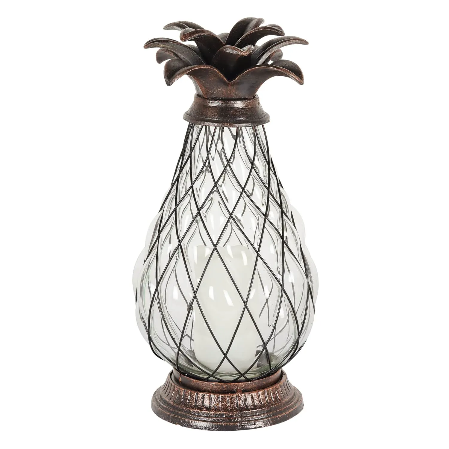 Bronze Pineapple Lantern with Battery Powered LED Candle on a Timer, 17 inch
