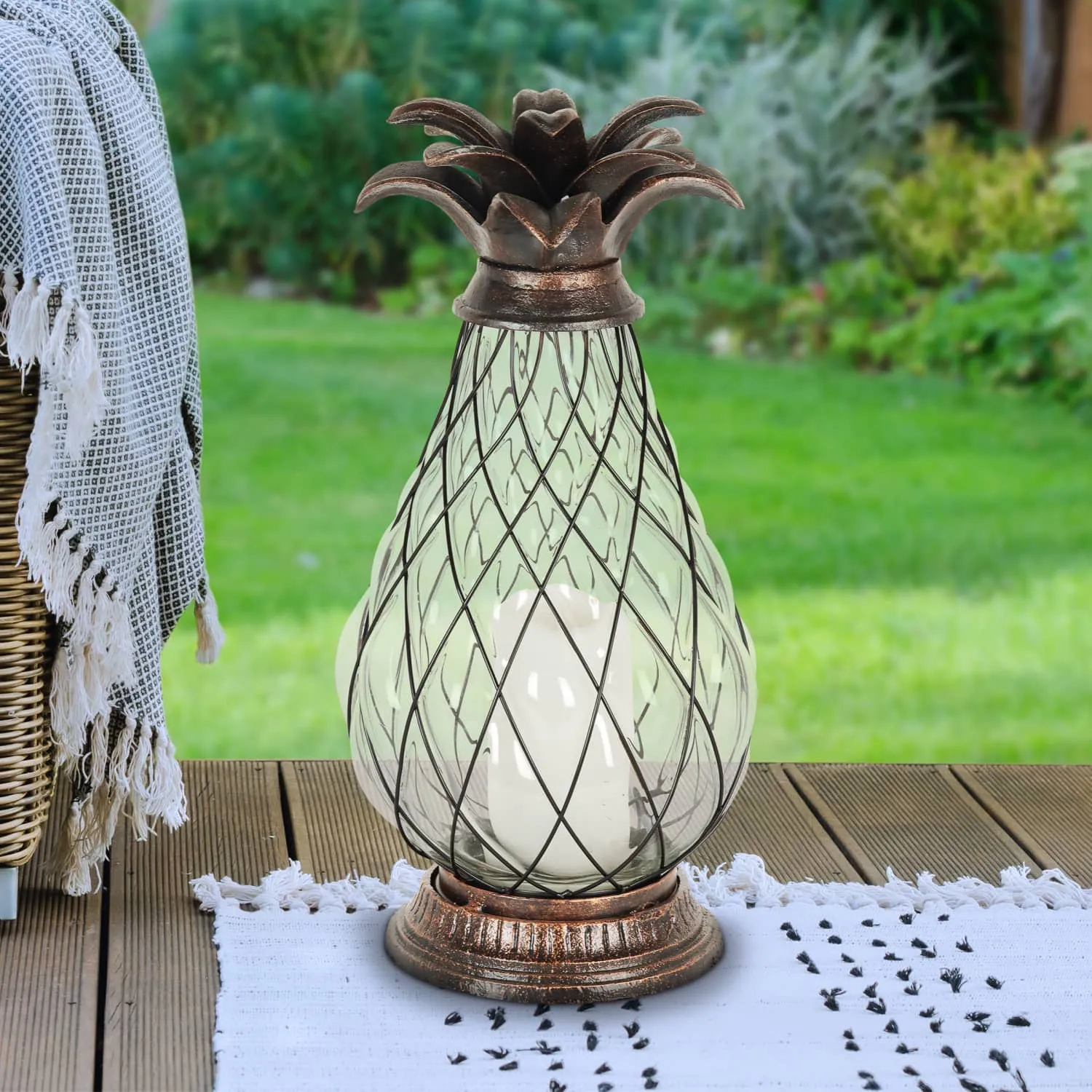 Bronze Pineapple Lantern with Battery Powered LED Candle on a Timer, 17 inch