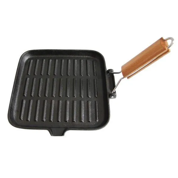 Cast Iron Griddle Skillet Fry Pan with Wood Handle 24x24cm