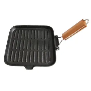 Cast Iron Griddle Skillet Fry Pan with Wood Handle 24x24cm