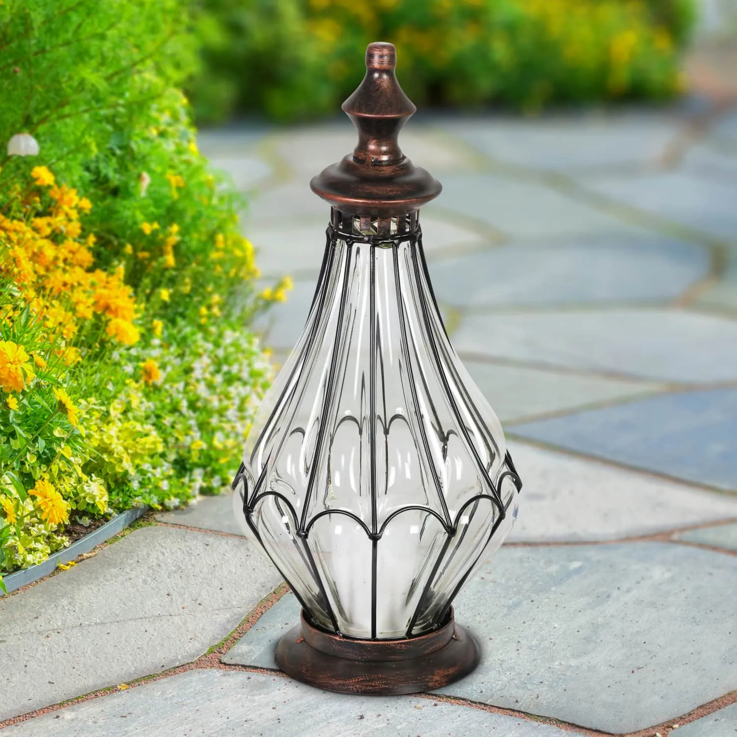Clear Glass Pear Shape Lantern with LED Candle on a Timer, 14 Inch