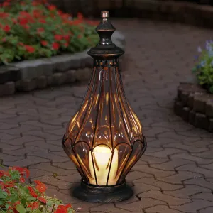 Clear Glass Pear Shape Lantern with LED Candle on a Timer, 14 Inch