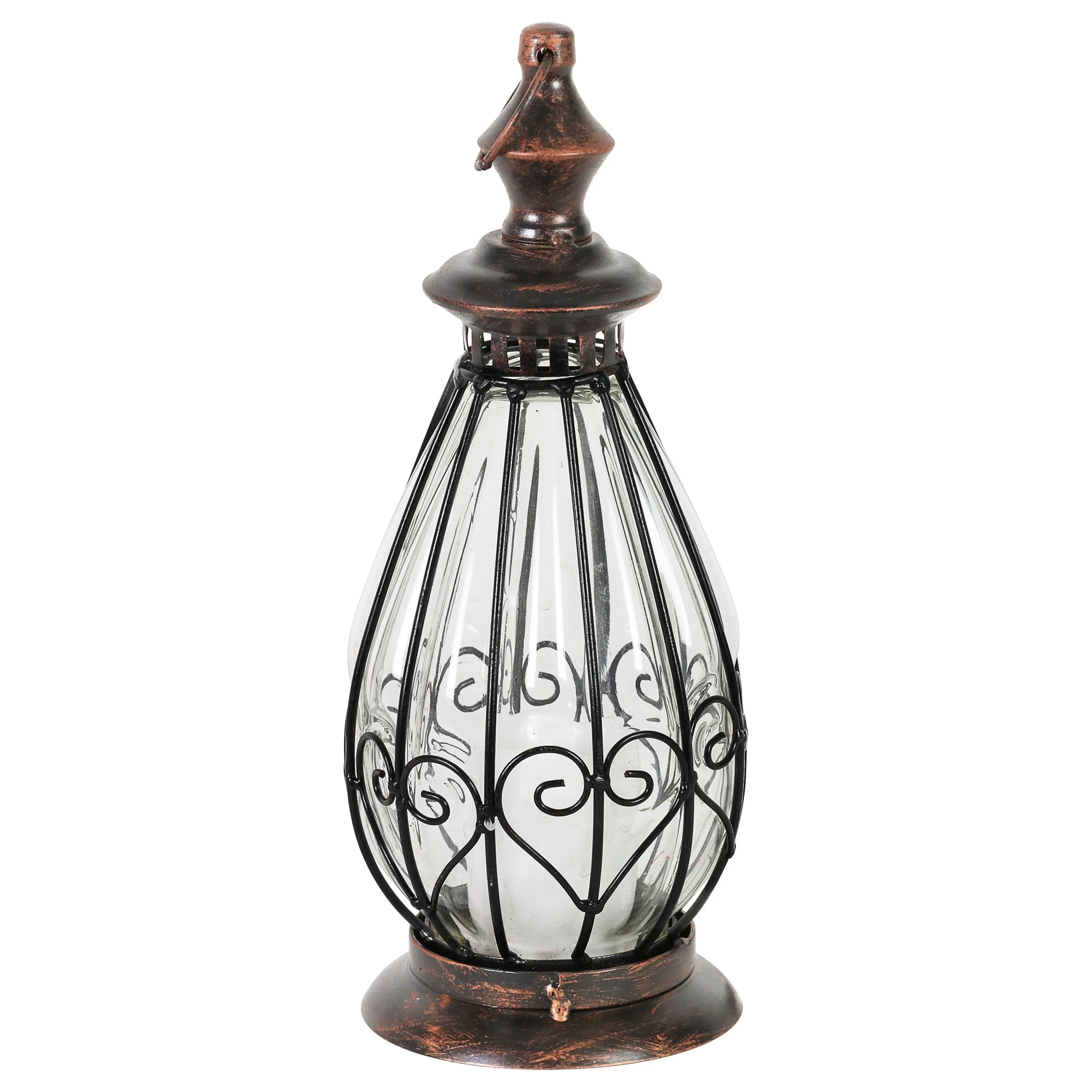 Clear Glass Teardrop Shape Lantern with LED Candle on a Timer, 12 Inch