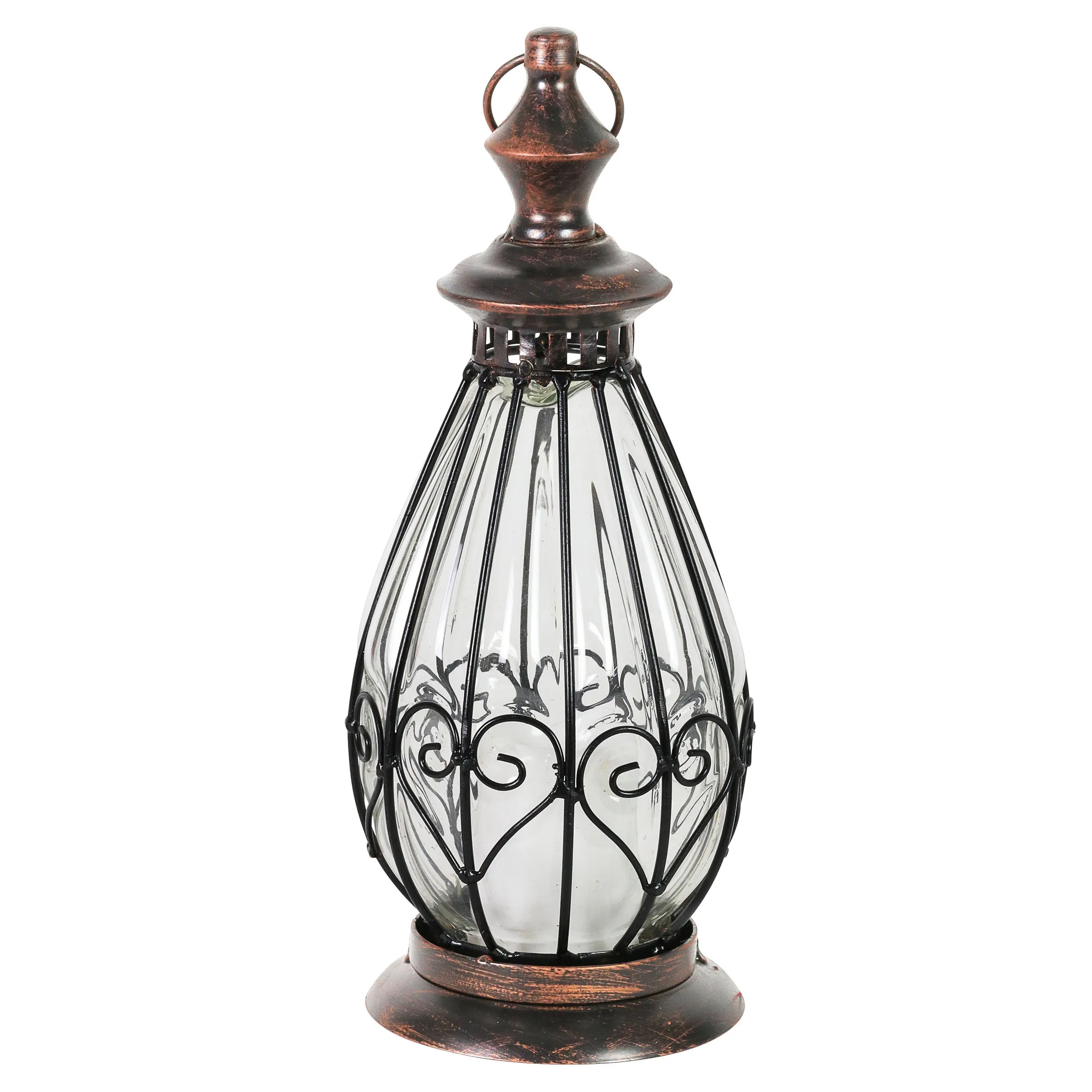 Clear Glass Teardrop Shape Lantern with LED Candle on a Timer, 12 Inch
