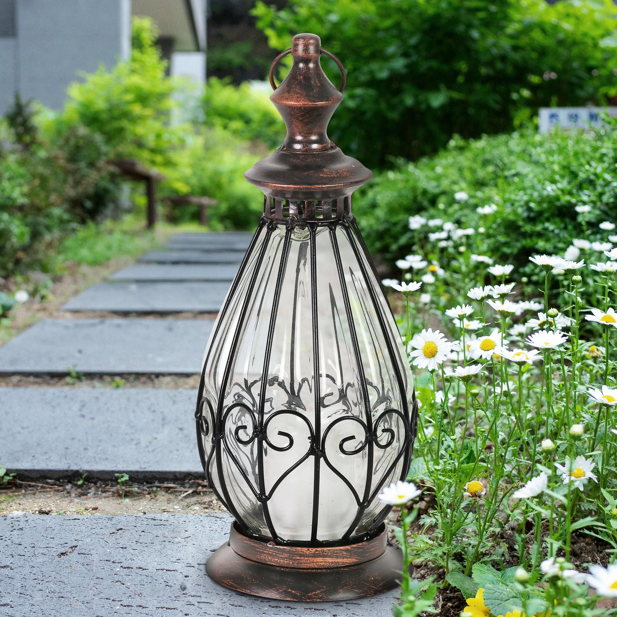 Clear Glass Teardrop Shape Lantern with LED Candle on a Timer, 12 Inch