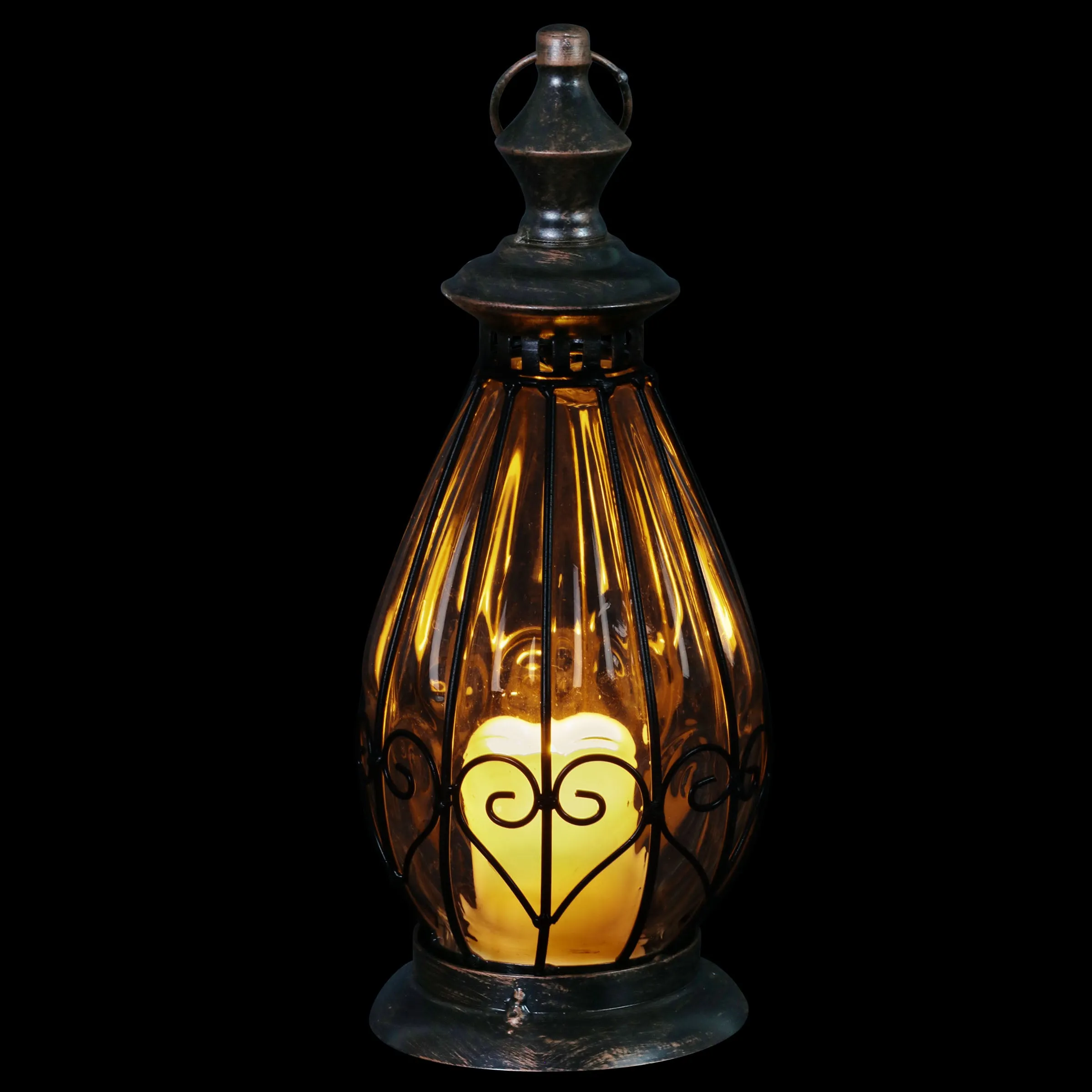 Clear Glass Teardrop Shape Lantern with LED Candle on a Timer, 12 Inch