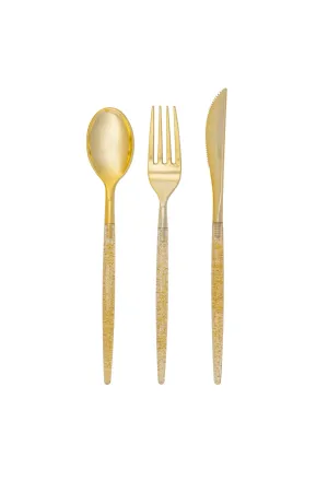 Gold Glitter Plastic Cutlery Set (32 Pieces)