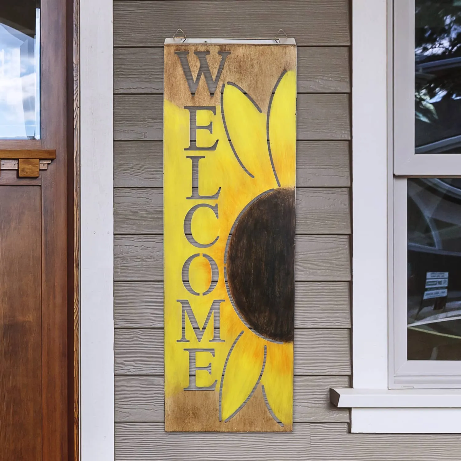 Hand Painted Solar Metal Sunflower Hanging Wall Art, 8 by 24.5 Inches