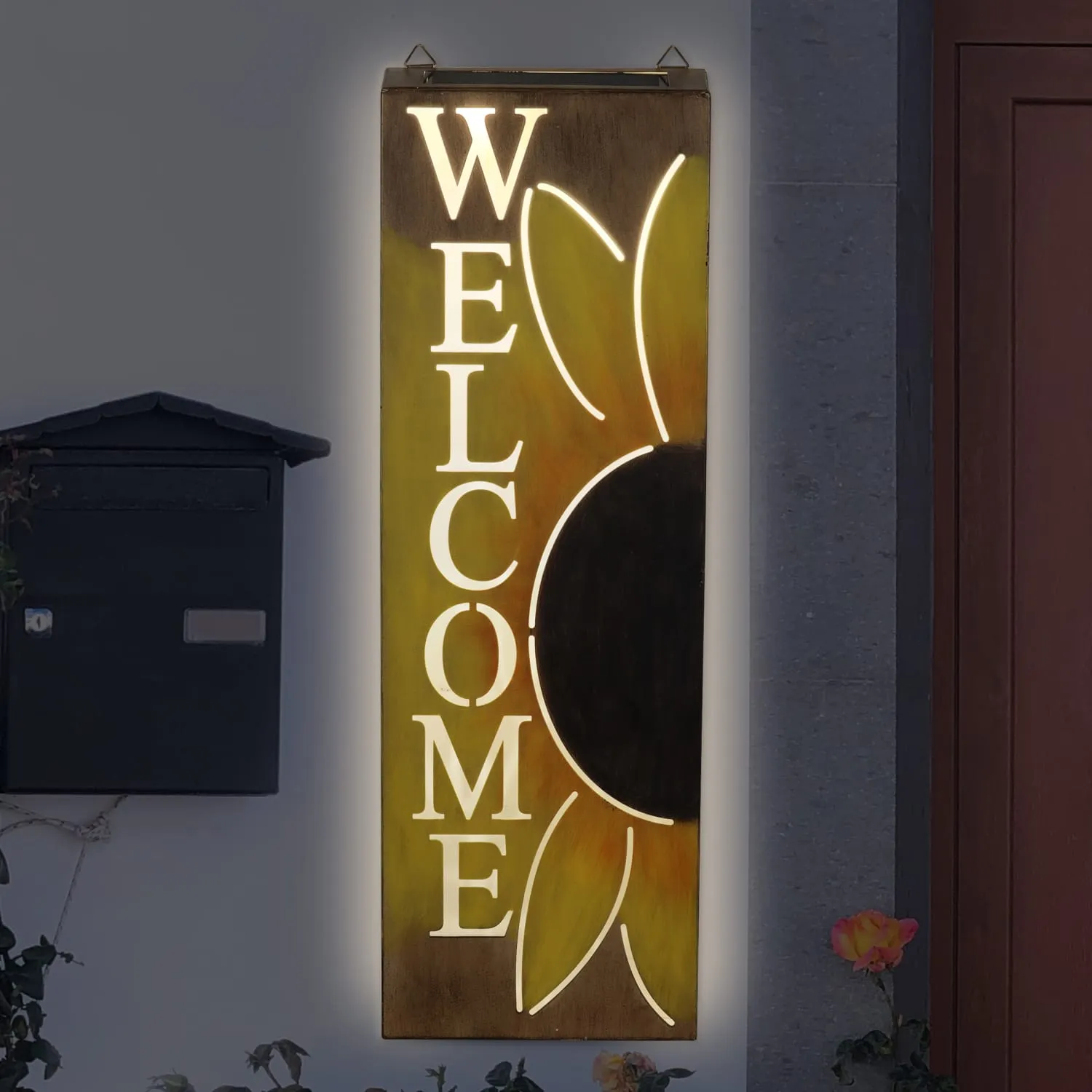 Hand Painted Solar Metal Sunflower Hanging Wall Art, 8 by 24.5 Inches