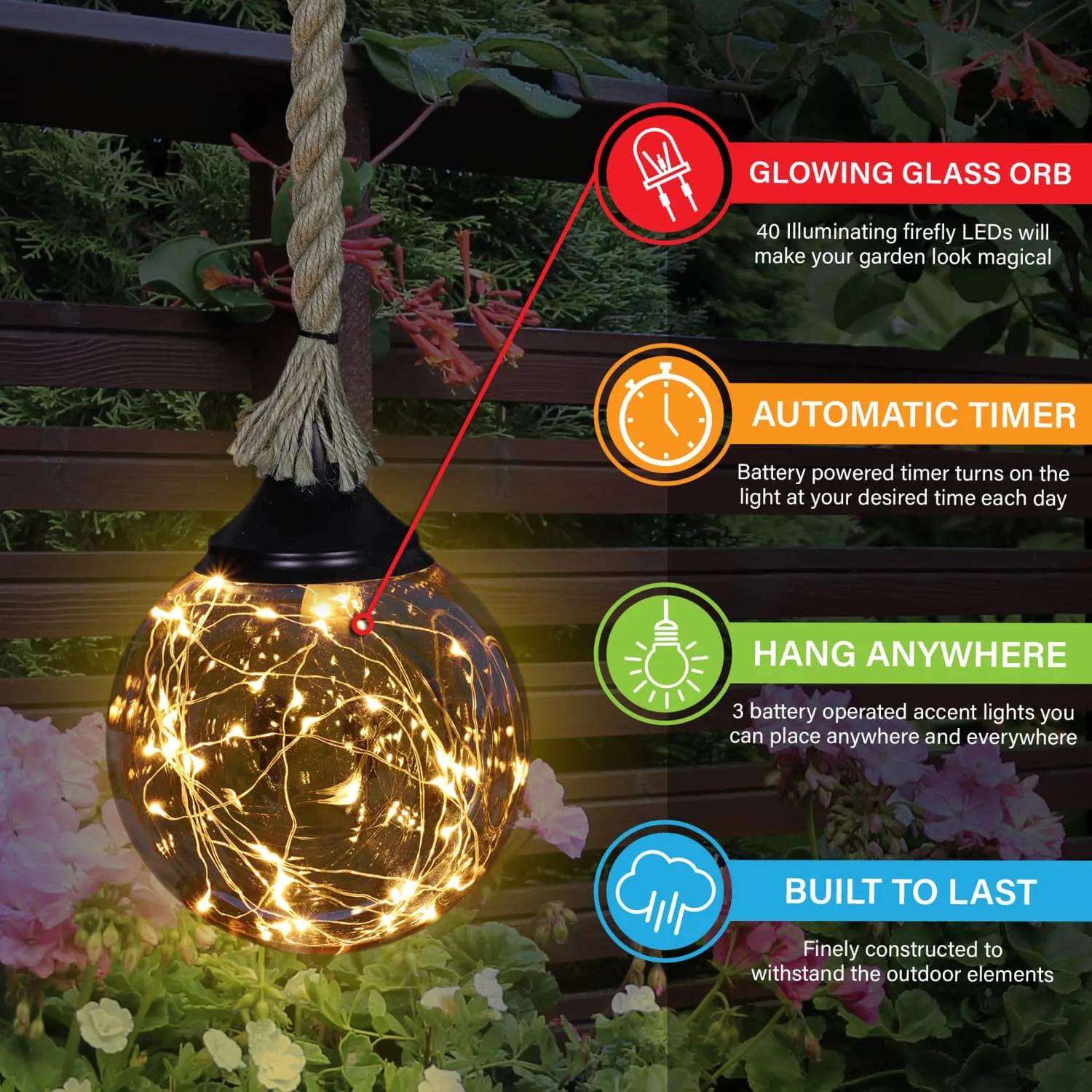 Hanging Golden Glass LED Balls with Timer, Set of Three, 6 by 31 Inches