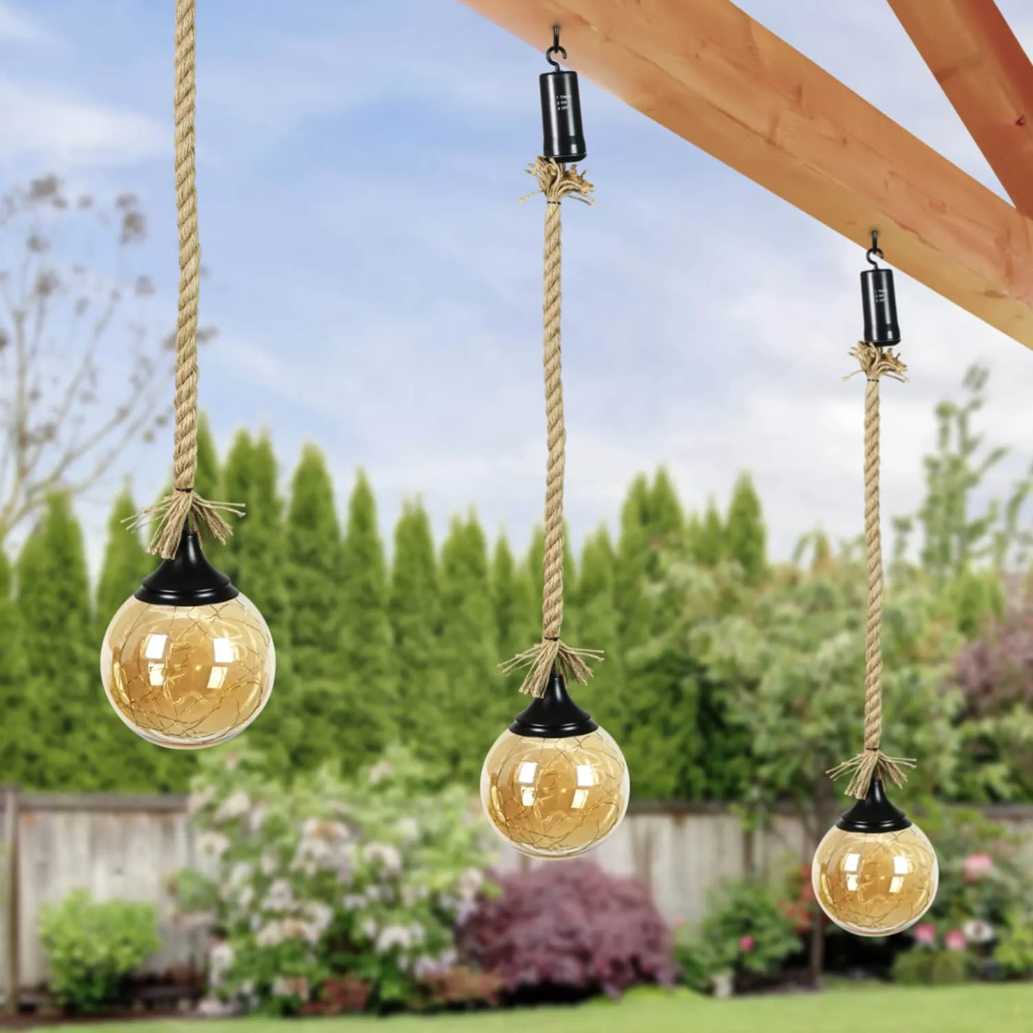 Hanging Golden Glass LED Balls with Timer, Set of Three, 6 by 31 Inches