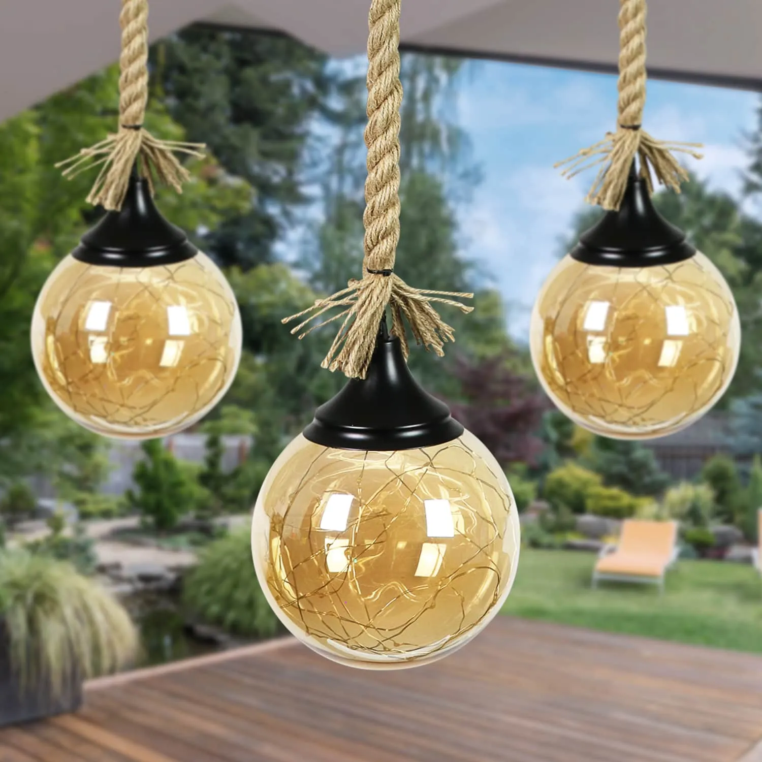 Hanging Golden Glass LED Balls with Timer, Set of Three, 6 by 31 Inches