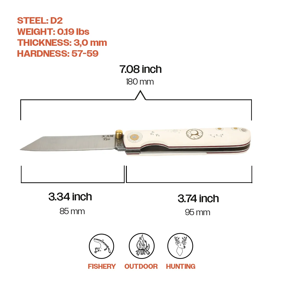 Kam Knife – T30 - D2 Steel - Katsu White Handle - Pocket Knife