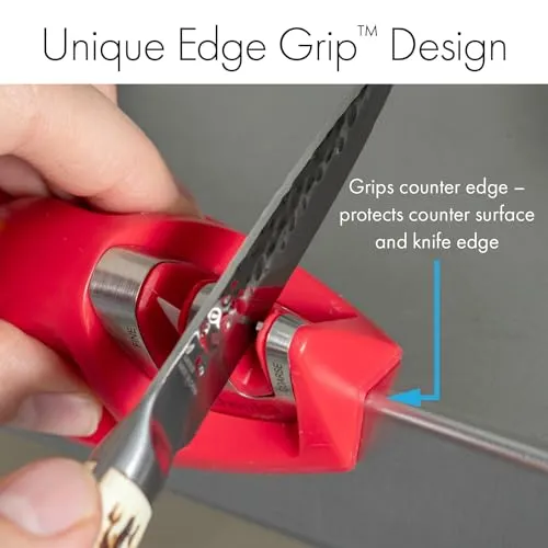 KitchenIQ 50883 Edge Grip 2-Stage Knife Sharpener, Red, Coarse & Fine Sharpeners, Compact for Easy Storage, Stable Non-Slip Base, Soft Grip Rubber Handle, Straight & Serrated Knives