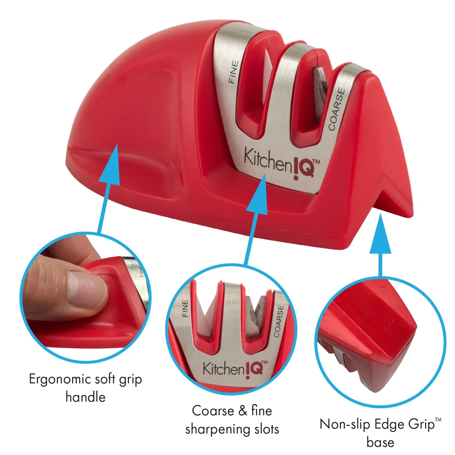 KitchenIQ 50883 Edge Grip 2-Stage Knife Sharpener, Red, Coarse & Fine Sharpeners, Compact for Easy Storage, Stable Non-Slip Base, Soft Grip Rubber Handle, Straight & Serrated Knives