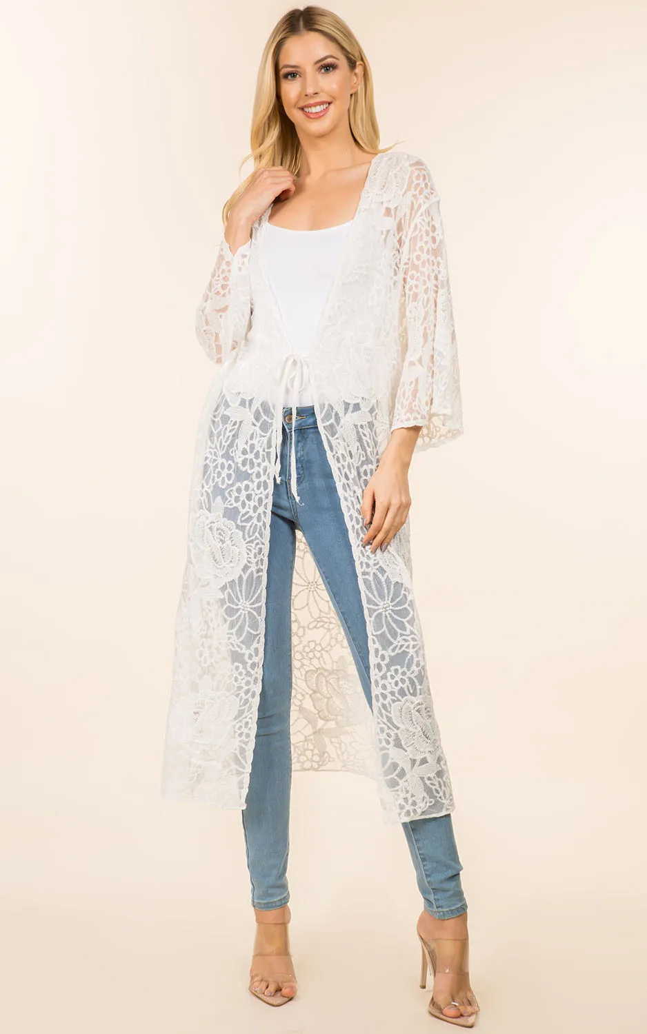 KP4139 Sheer Lace Long Kimono Cardigan