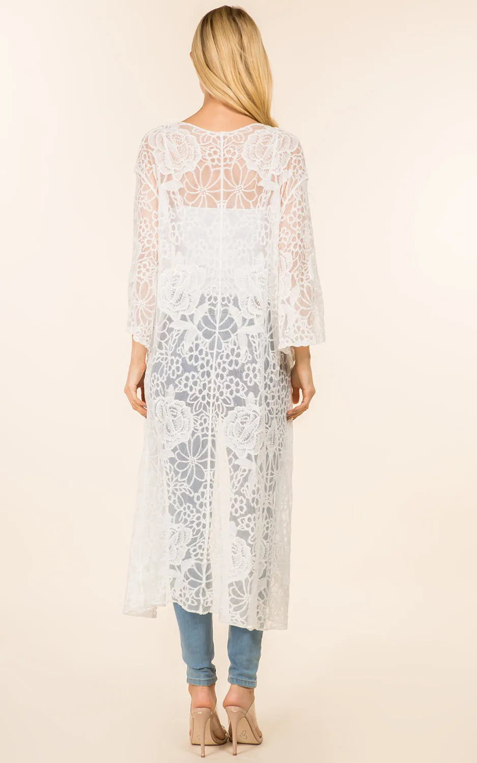 KP4139 Sheer Lace Long Kimono Cardigan