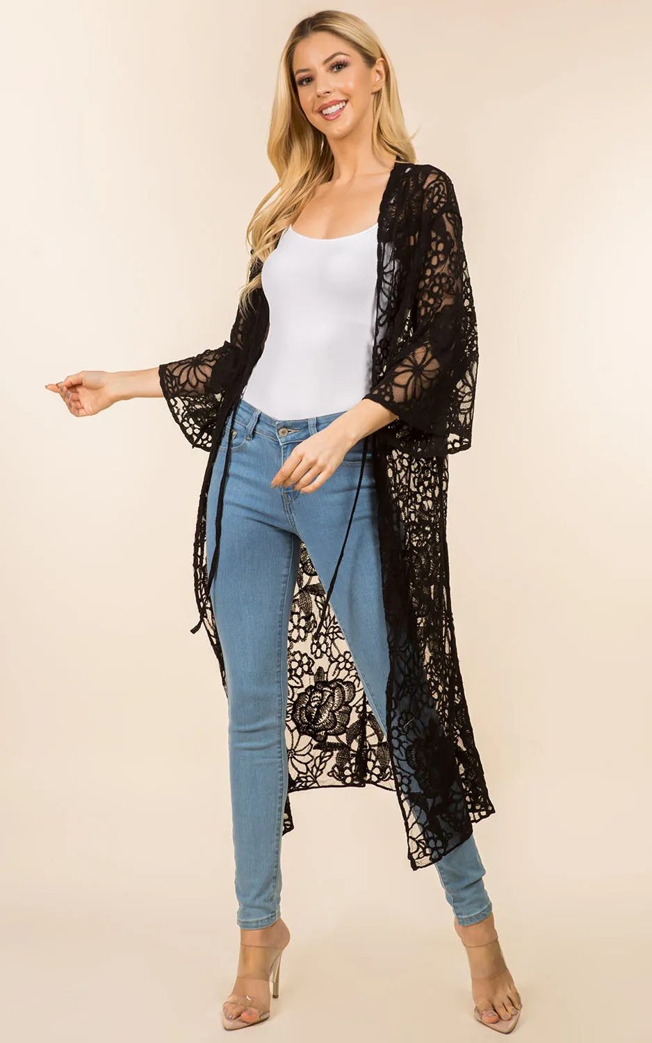 KP4139 Sheer Lace Long Kimono Cardigan