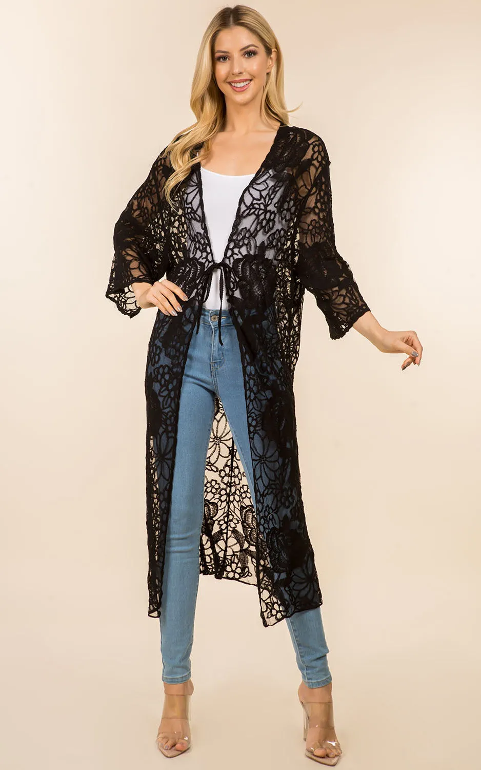 KP4139 Sheer Lace Long Kimono Cardigan