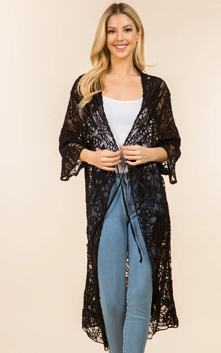 KP4139 Sheer Lace Long Kimono Cardigan