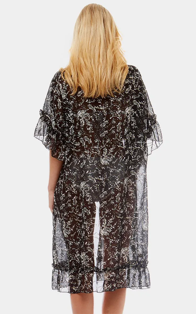 LOF1037 Ditsy Leaf Ruffle Sleeves Cover-Up Kimono