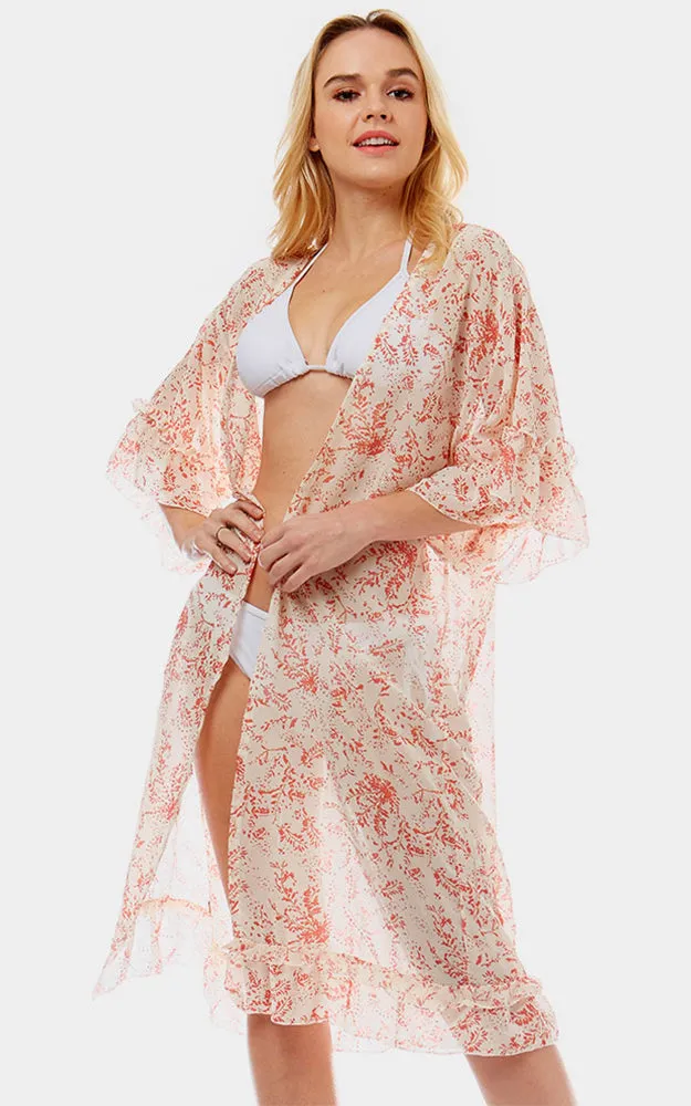 LOF1037 Ditsy Leaf Ruffle Sleeves Cover-Up Kimono