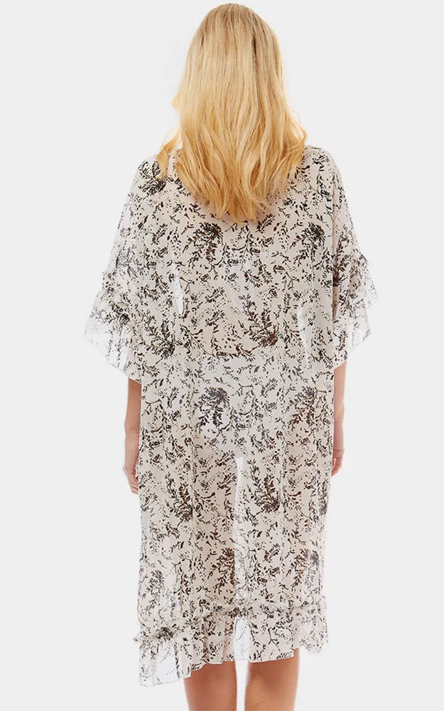 LOF1037 Ditsy Leaf Ruffle Sleeves Cover-Up Kimono