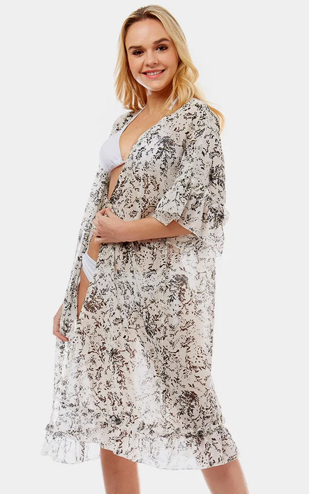 LOF1037 Ditsy Leaf Ruffle Sleeves Cover-Up Kimono