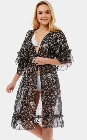 LOF1037 Ditsy Leaf Ruffle Sleeves Cover-Up Kimono