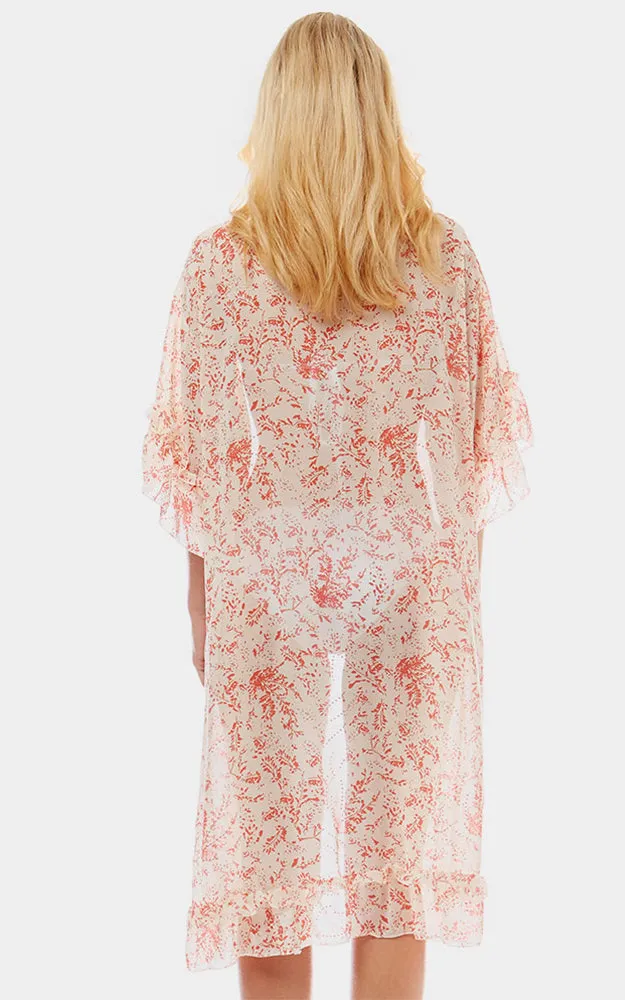 LOF1037 Ditsy Leaf Ruffle Sleeves Cover-Up Kimono