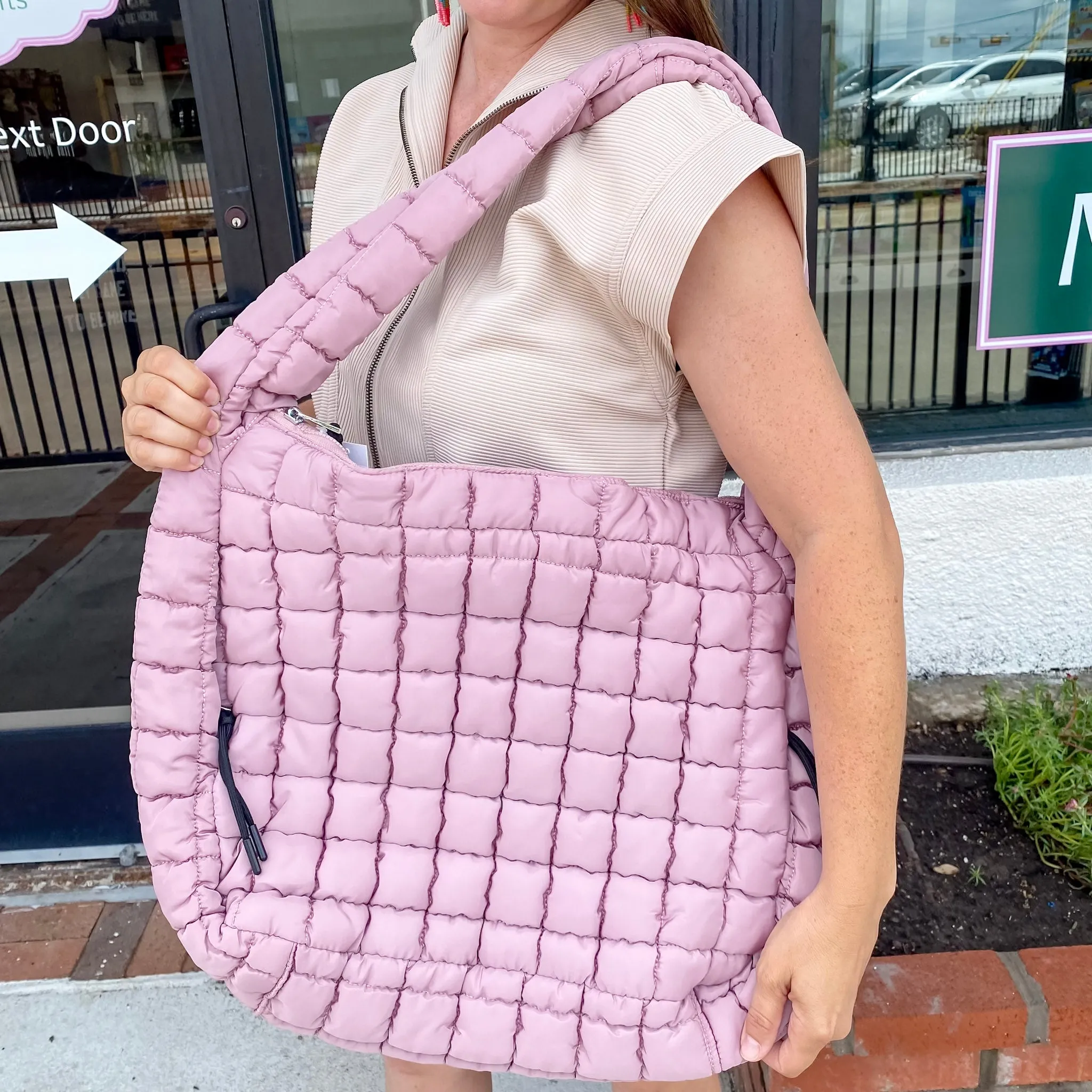 Mauve Oversized Quilted Hobo Tote Bag