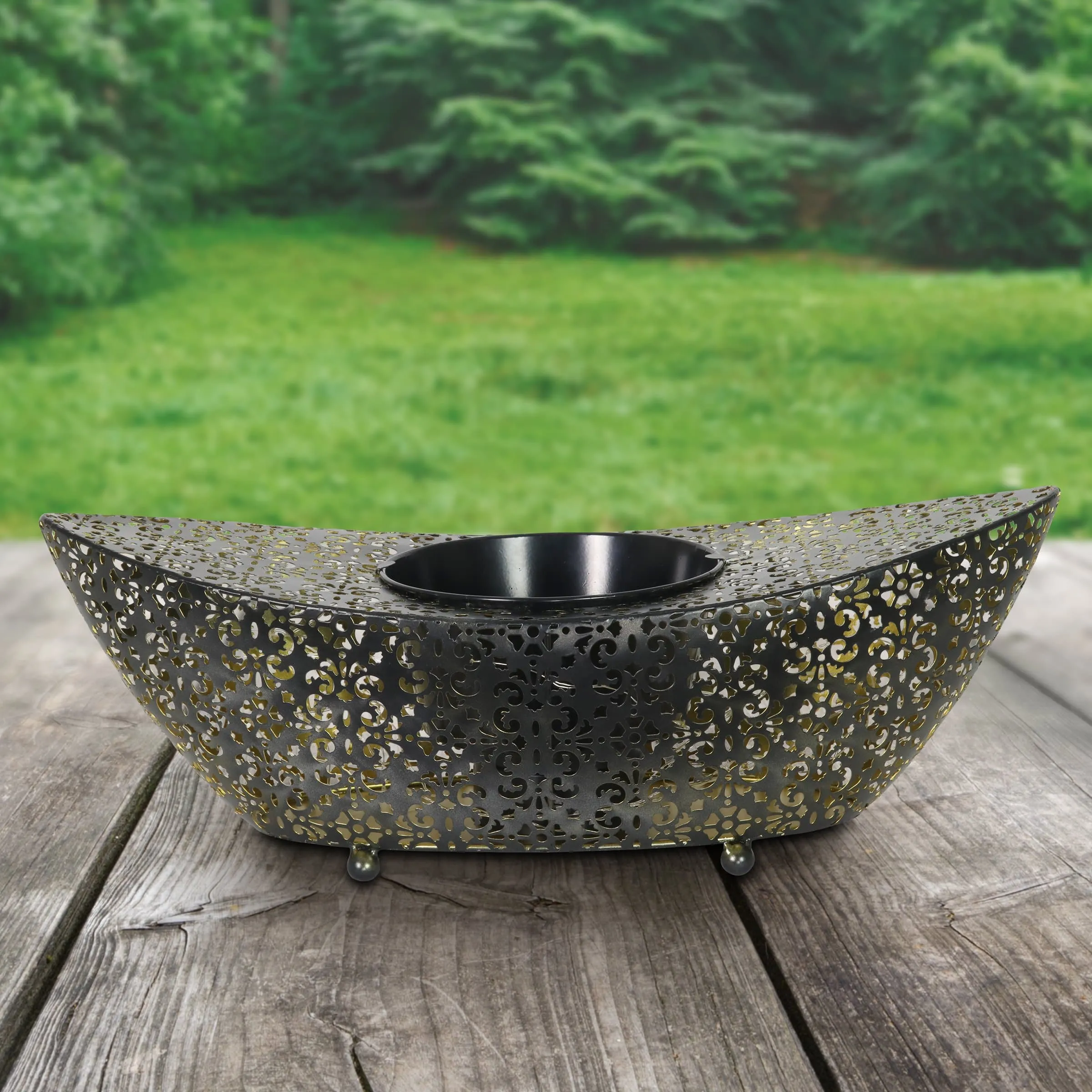 Metal Filigree Planter with 50 LED lights on an Automatic Timer, 18 by 5 Inches