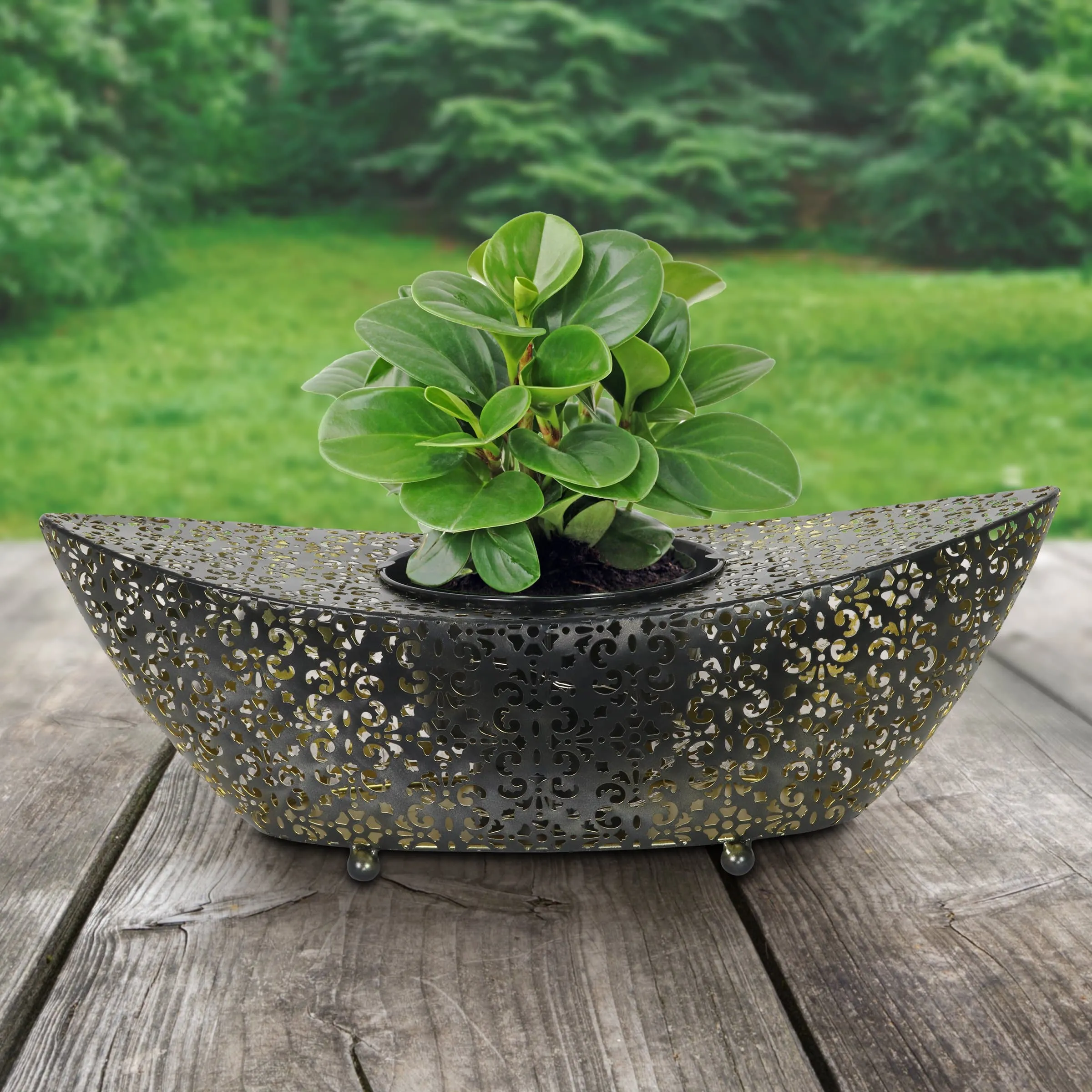 Metal Filigree Planter with 50 LED lights on an Automatic Timer, 18 by 5 Inches