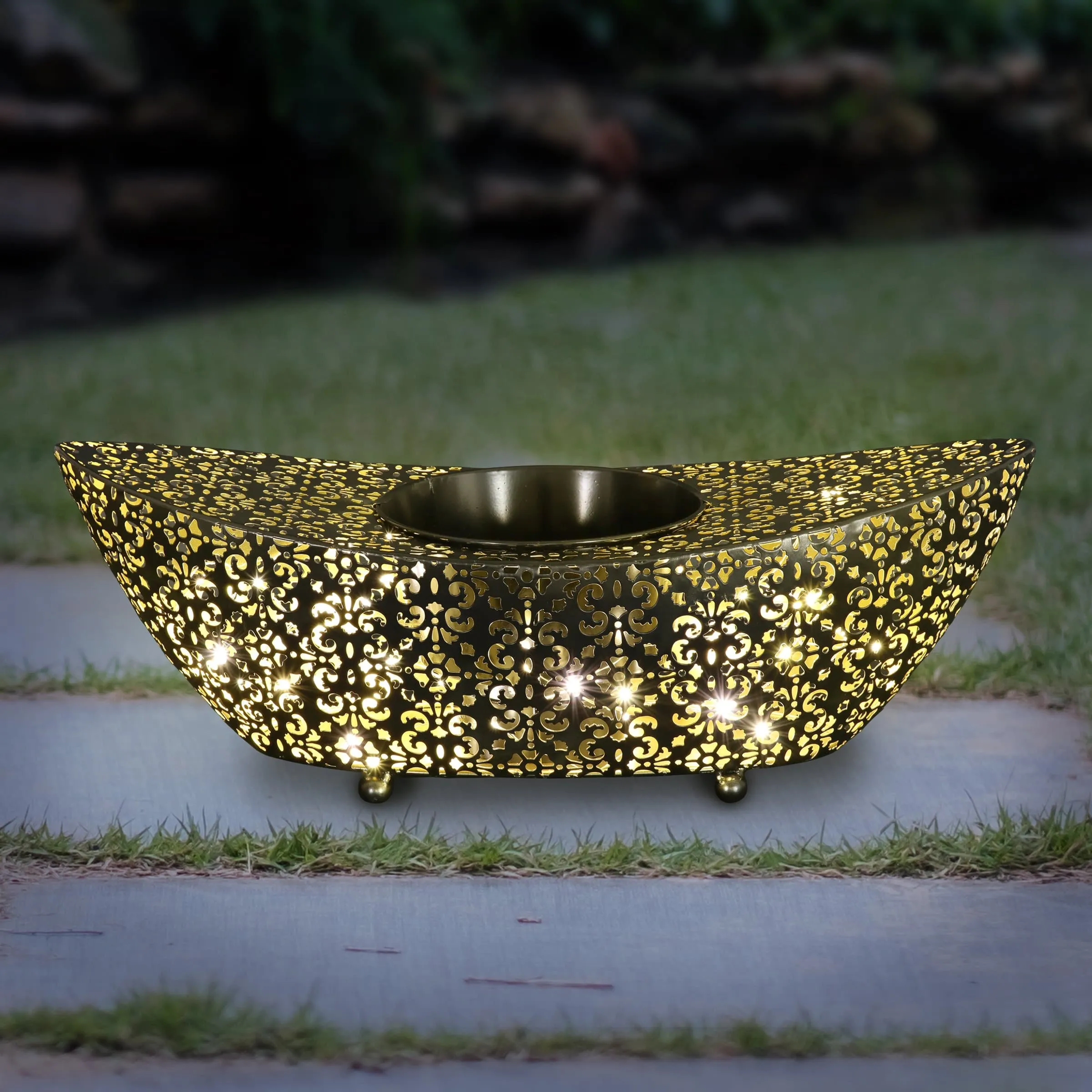 Metal Filigree Planter with 50 LED lights on an Automatic Timer, 18 by 5 Inches