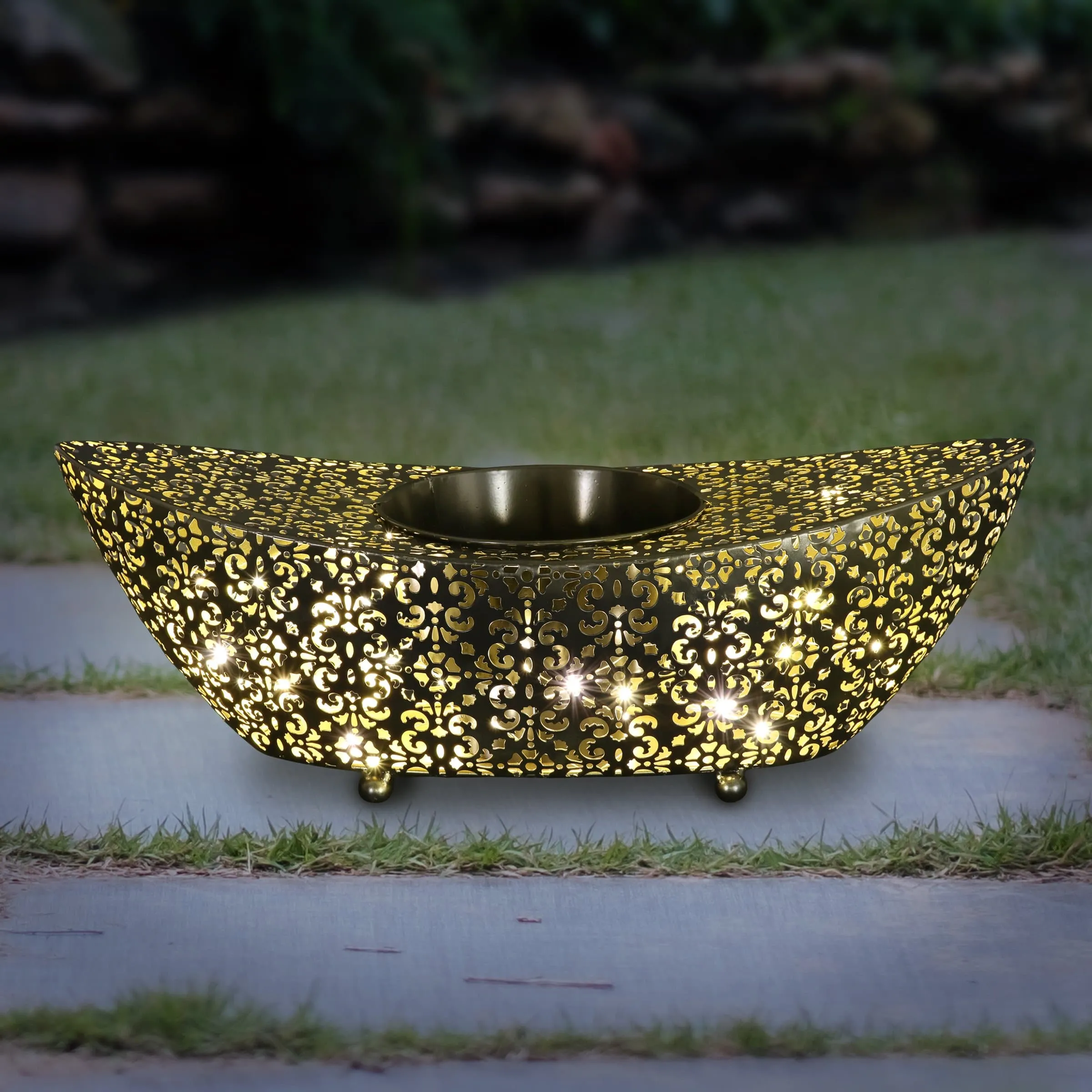 Metal Filigree Planter with 50 LED lights on an Automatic Timer, 18 by 5 Inches