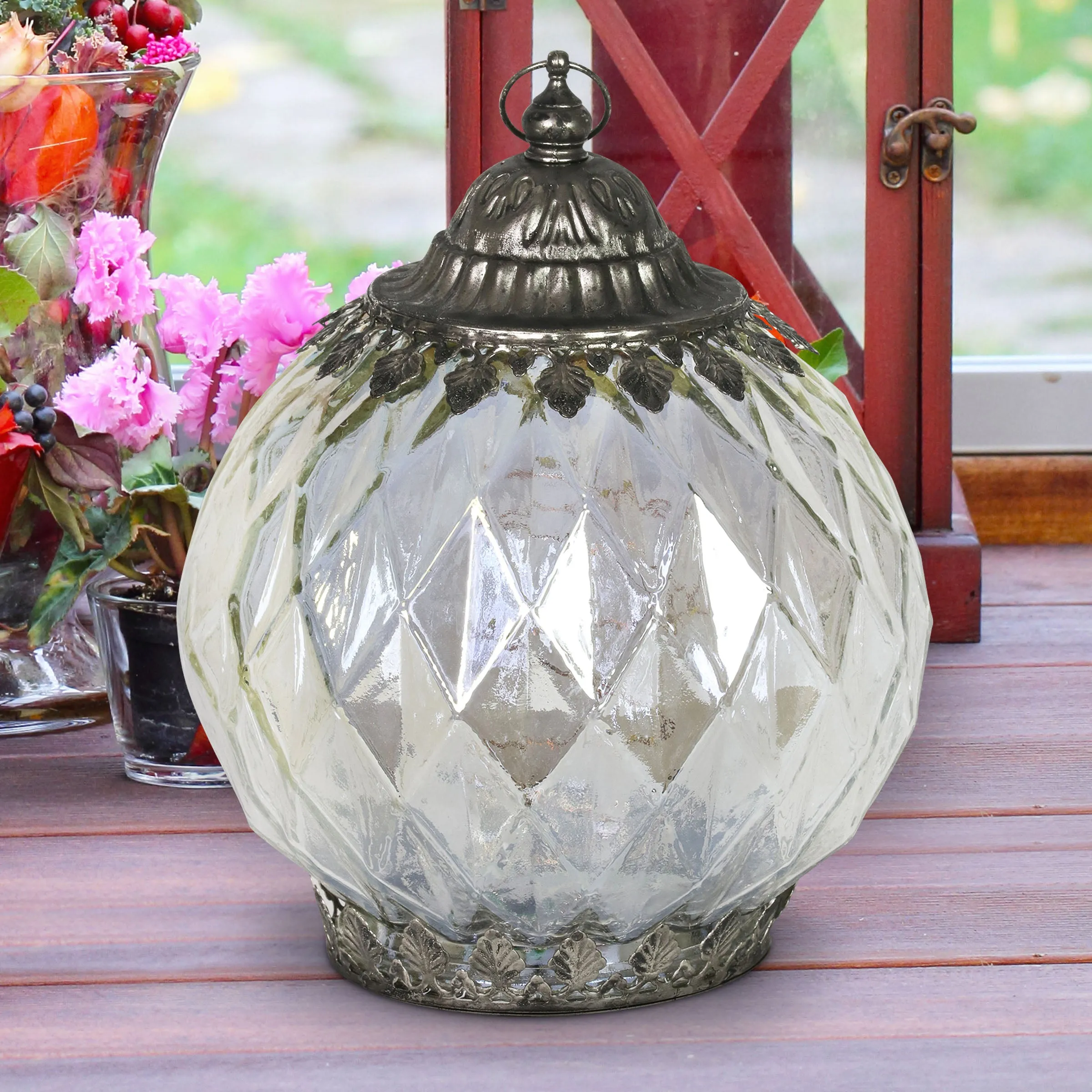 Opal Diamond Glass Lantern With Timer, 8 Inch