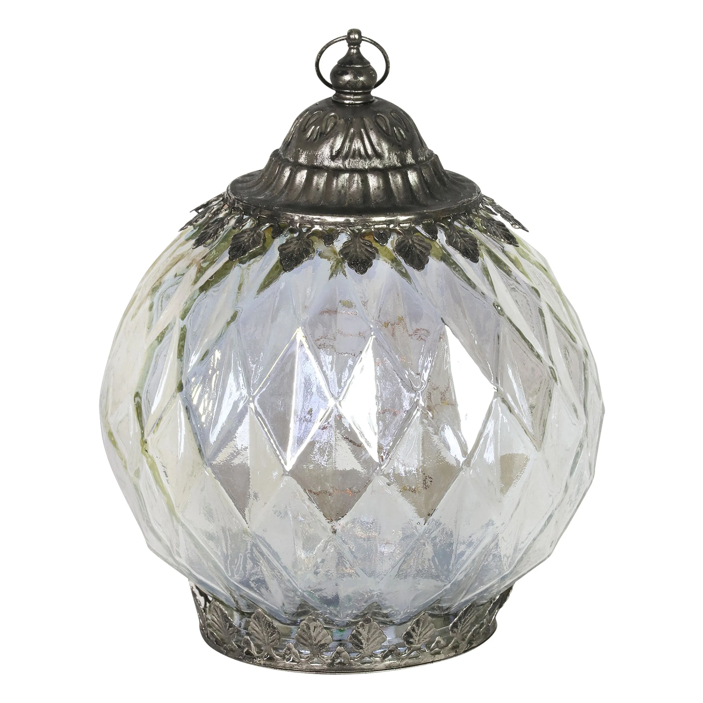 Opal Diamond Glass Lantern With Timer, 8 Inch