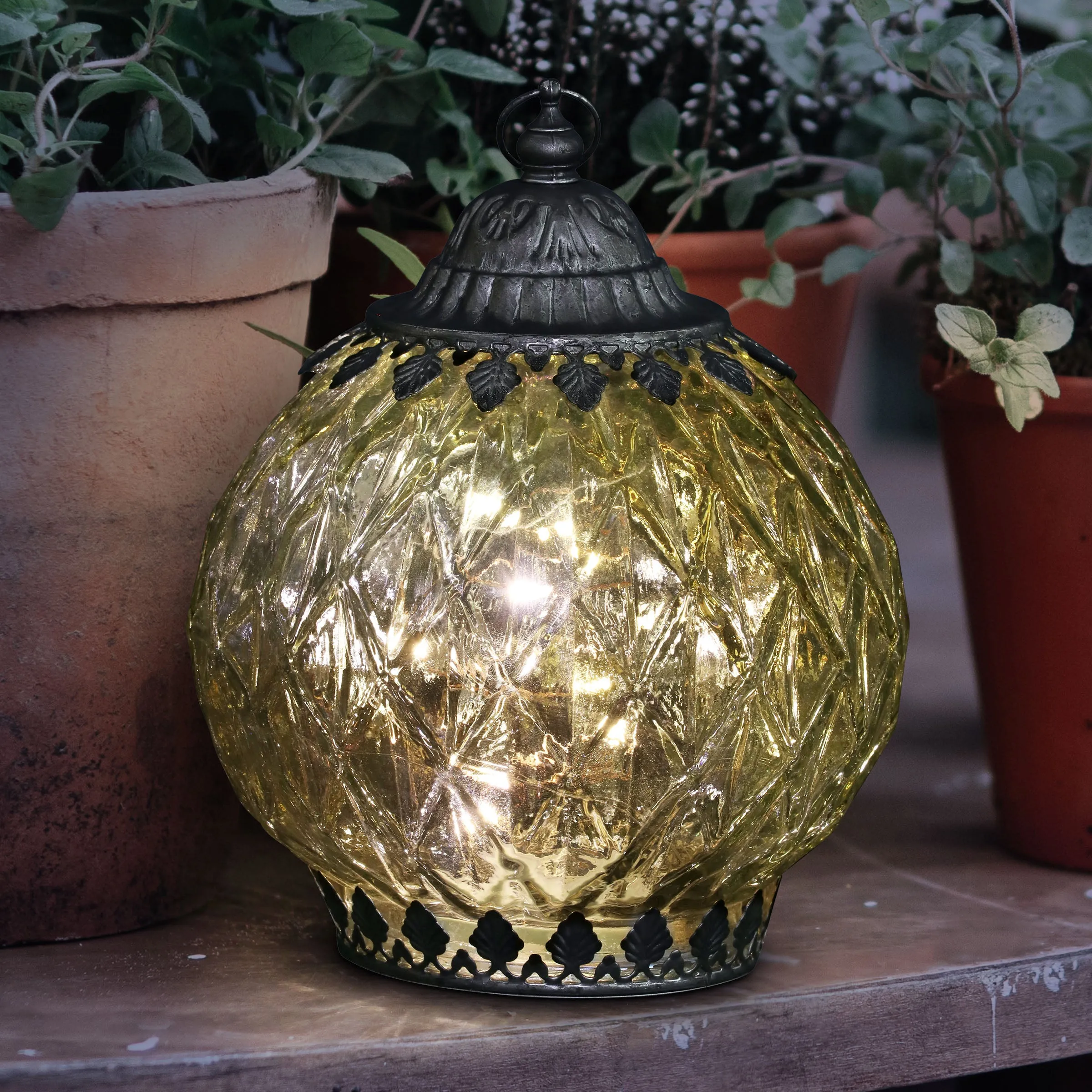 Opal Diamond Glass Lantern With Timer, 8 Inch