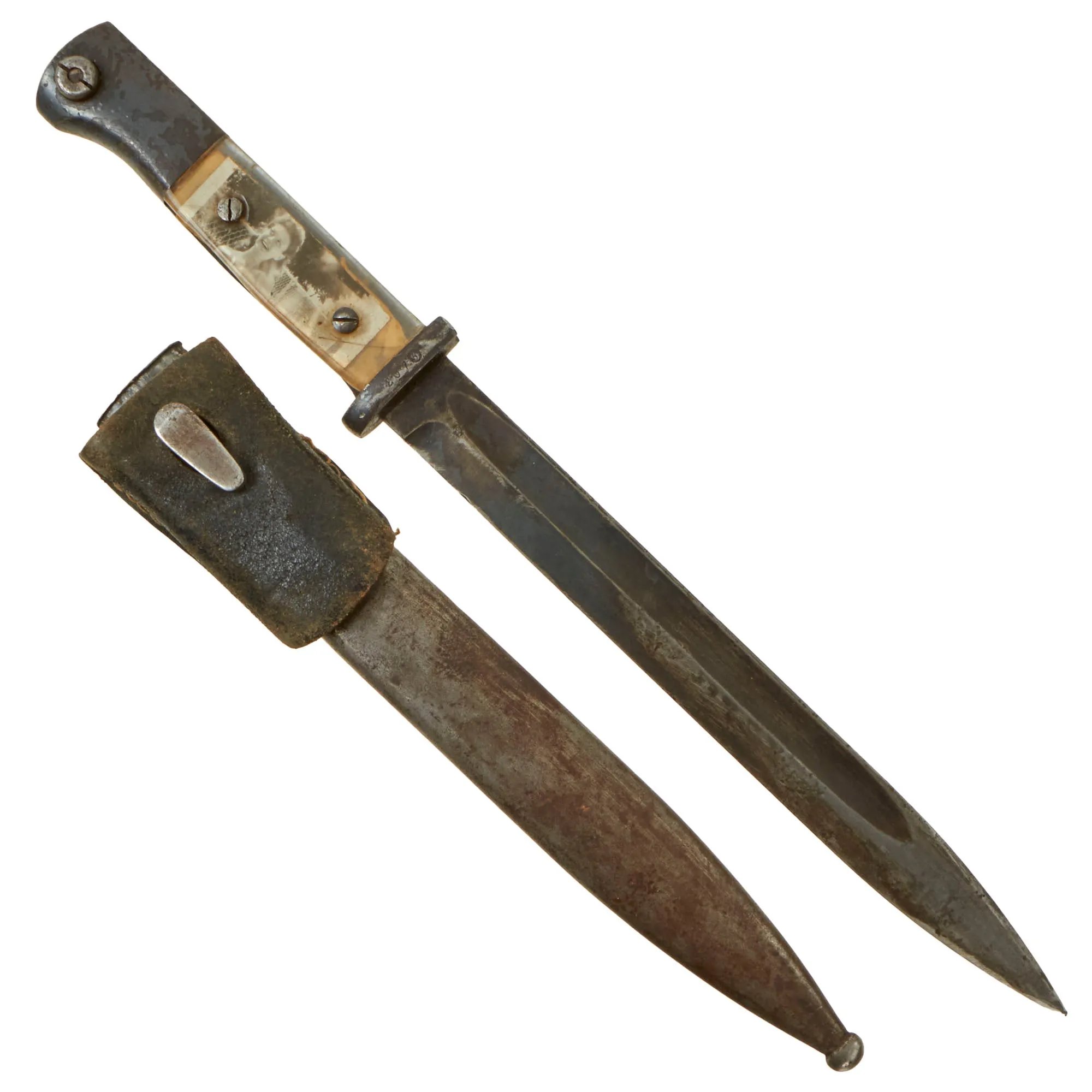 Original German WWII Commercial 98k Bayonet by ALCOSO with US Soldier Custom “Sweetheart” Plexiglass Grips and Scabbard - circa 1940-1943