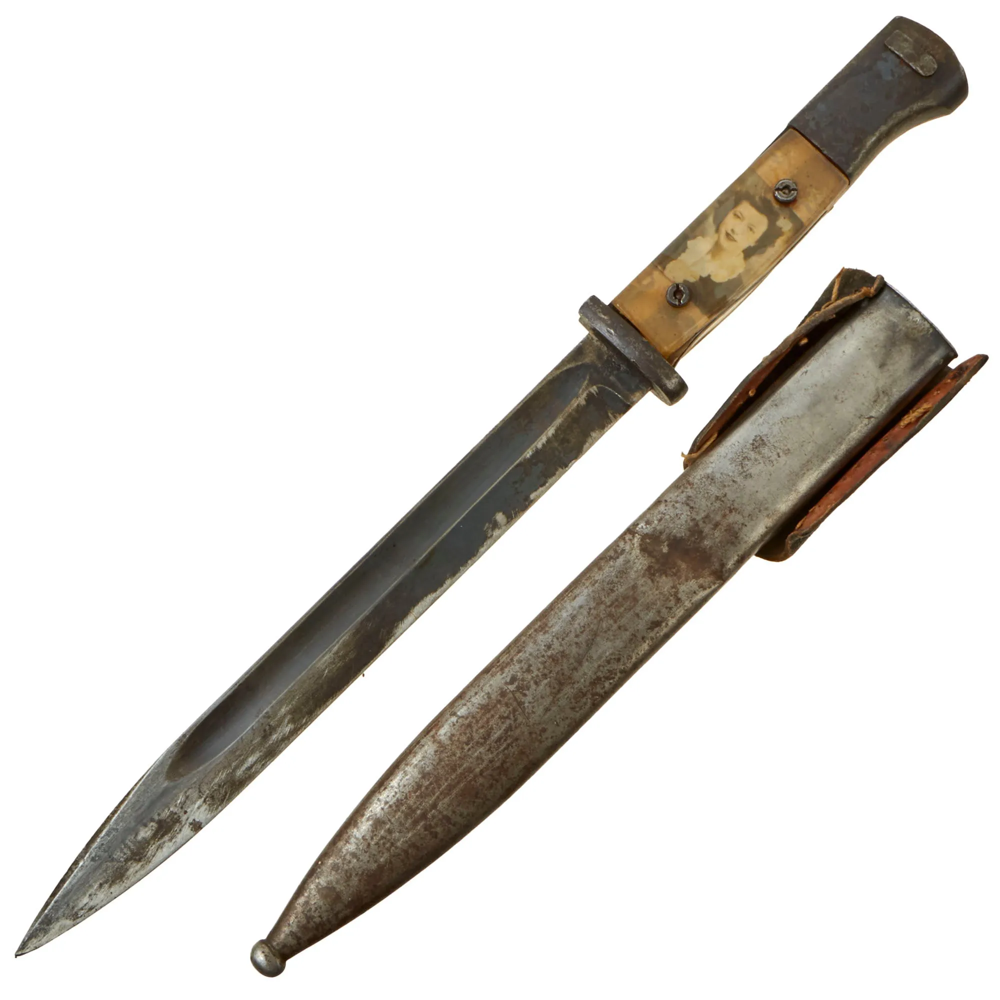Original German WWII Commercial 98k Bayonet by ALCOSO with US Soldier Custom “Sweetheart” Plexiglass Grips and Scabbard - circa 1940-1943