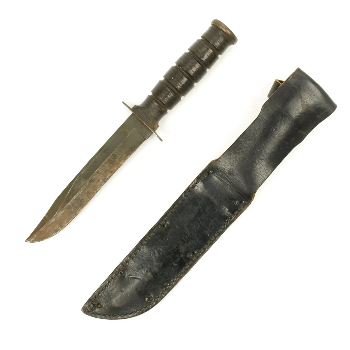 Original U.S. WWII KA-BAR with Personalized Vietnam War USMC Scabbard