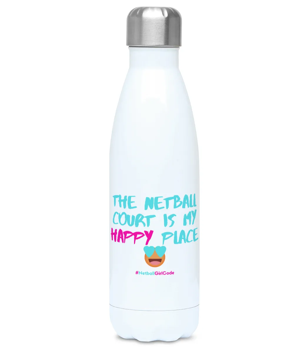 'The Netball Court is my Happy Place Emoji' Netball Water Bottle 500ml