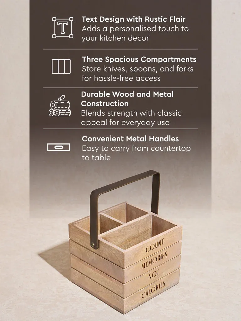 Westside Home Beige Text Design Wooden Cutlery Caddy